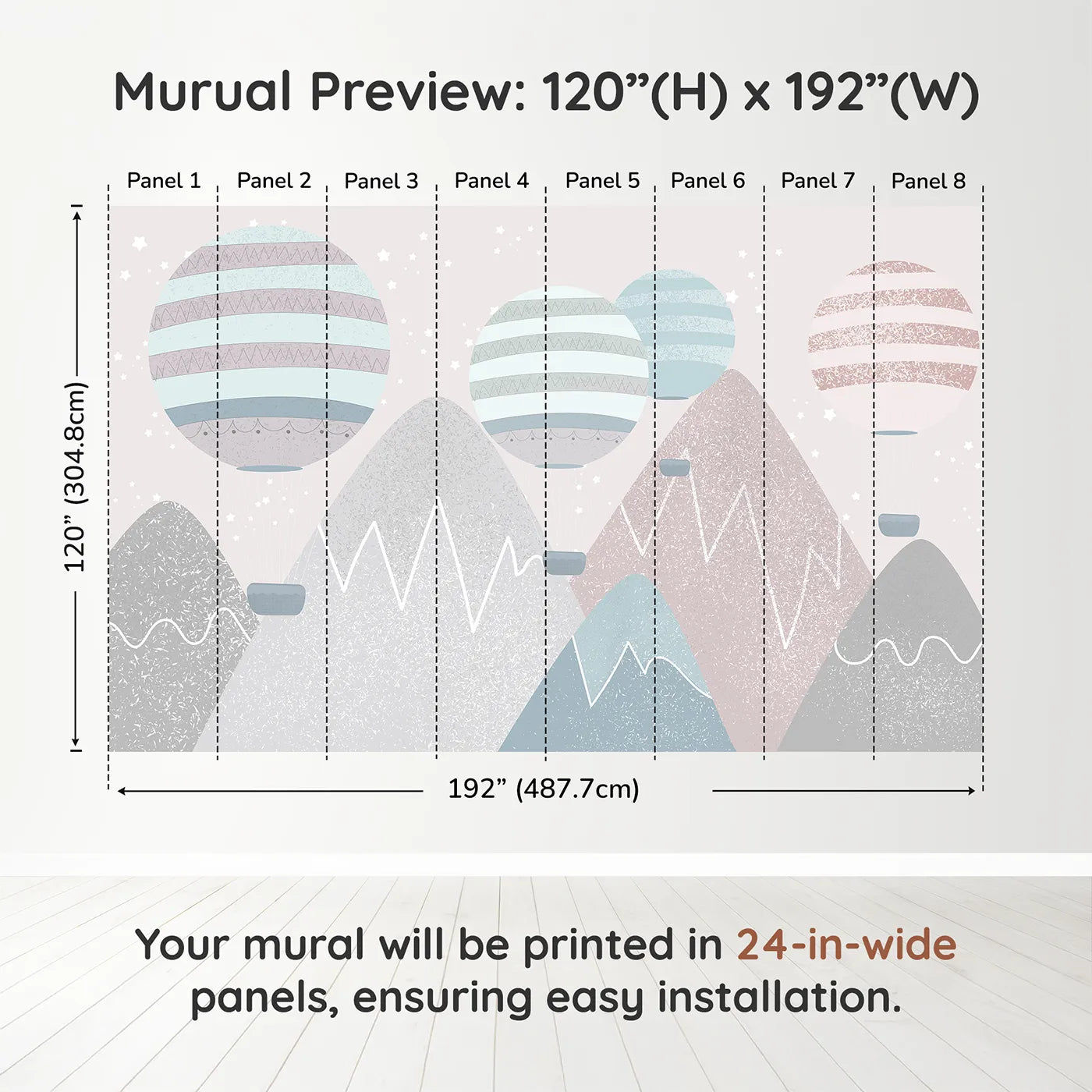 Whimsy Tots Textured Mountain Air Show Wall Muraldimension view (120" H x 192" W). Printed in eight 24-inch-wide panels. Gender-Neutral
