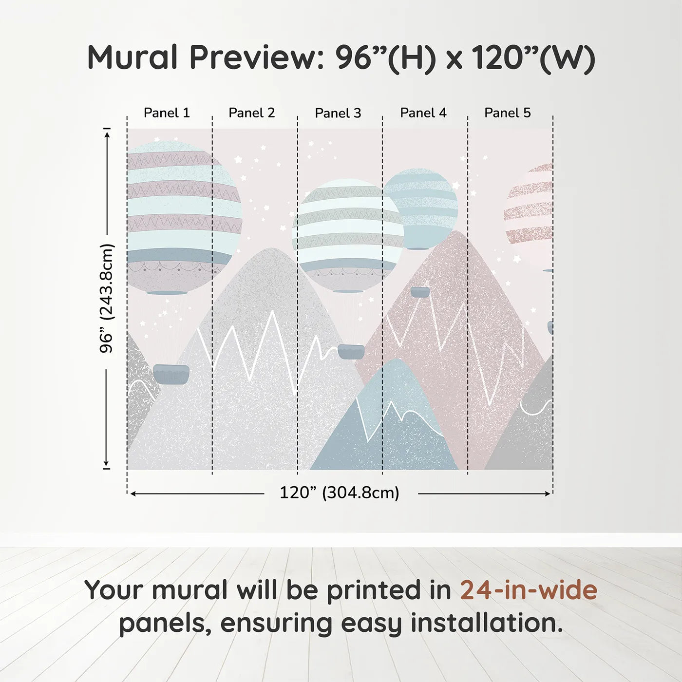 Whimsy Tots Textured Mountain Air Show Wall Muraldimension view (96" H x 120" W). Printed in five 24-inch-wide panels. Gender-Neutral