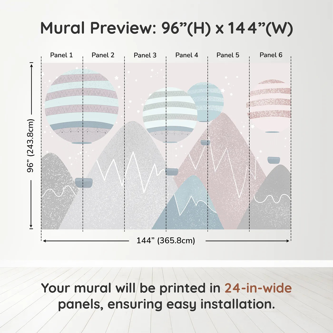 Whimsy Tots Textured Mountain Air Show Wall Muraldimension view (96" H x 144" W). Printed in six 24-inch-wide panels. Gender-Neutral