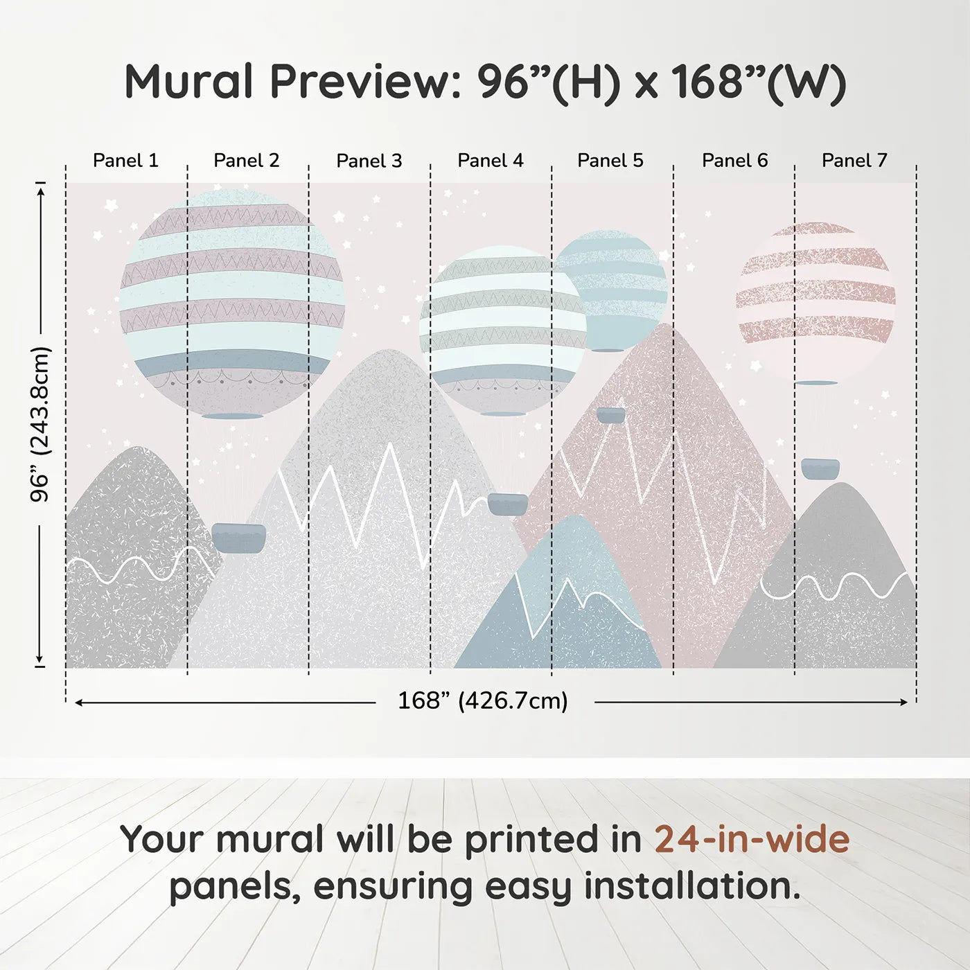Whimsy Tots Textured Mountain Air Show Wall Muraldimension view (96" H x 168" W). Printed in seven 24-inch-wide panels. Gender-Neutral
