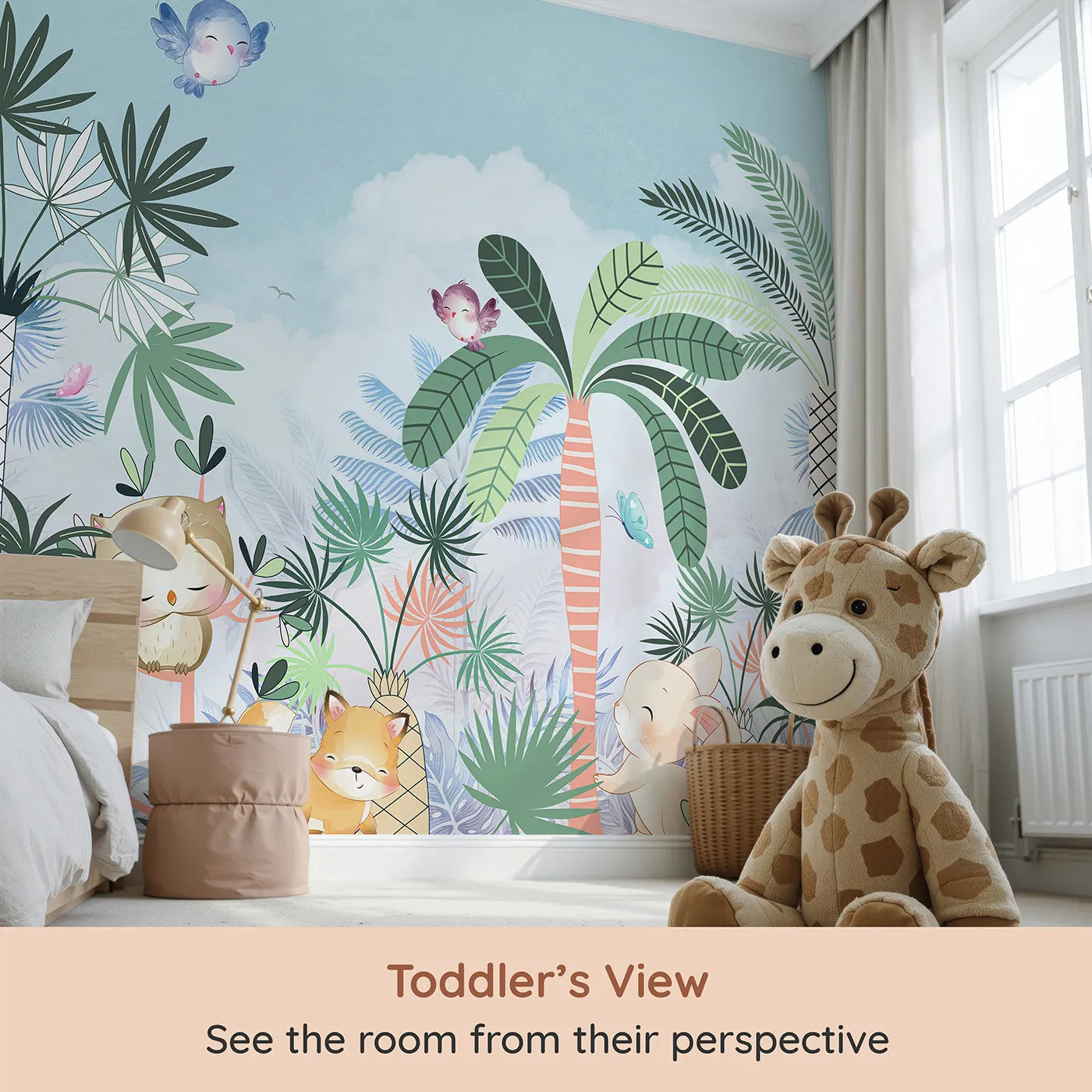 Whimsy Tots Tropical Friends Wall Mural (Turn Their Room into a Sweet and Gentle Jungle Party) from your child's view.Gender-Neutral
