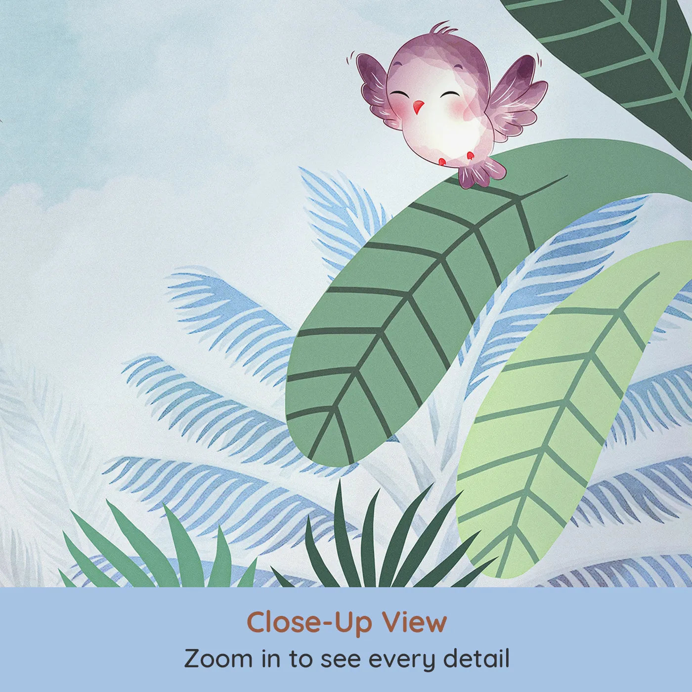 Close-up view of Whimsy Tots' Tropical Friends Wall Mural (Turn Their Room into a Sweet and Gentle Jungle Party).Gender-Neutral