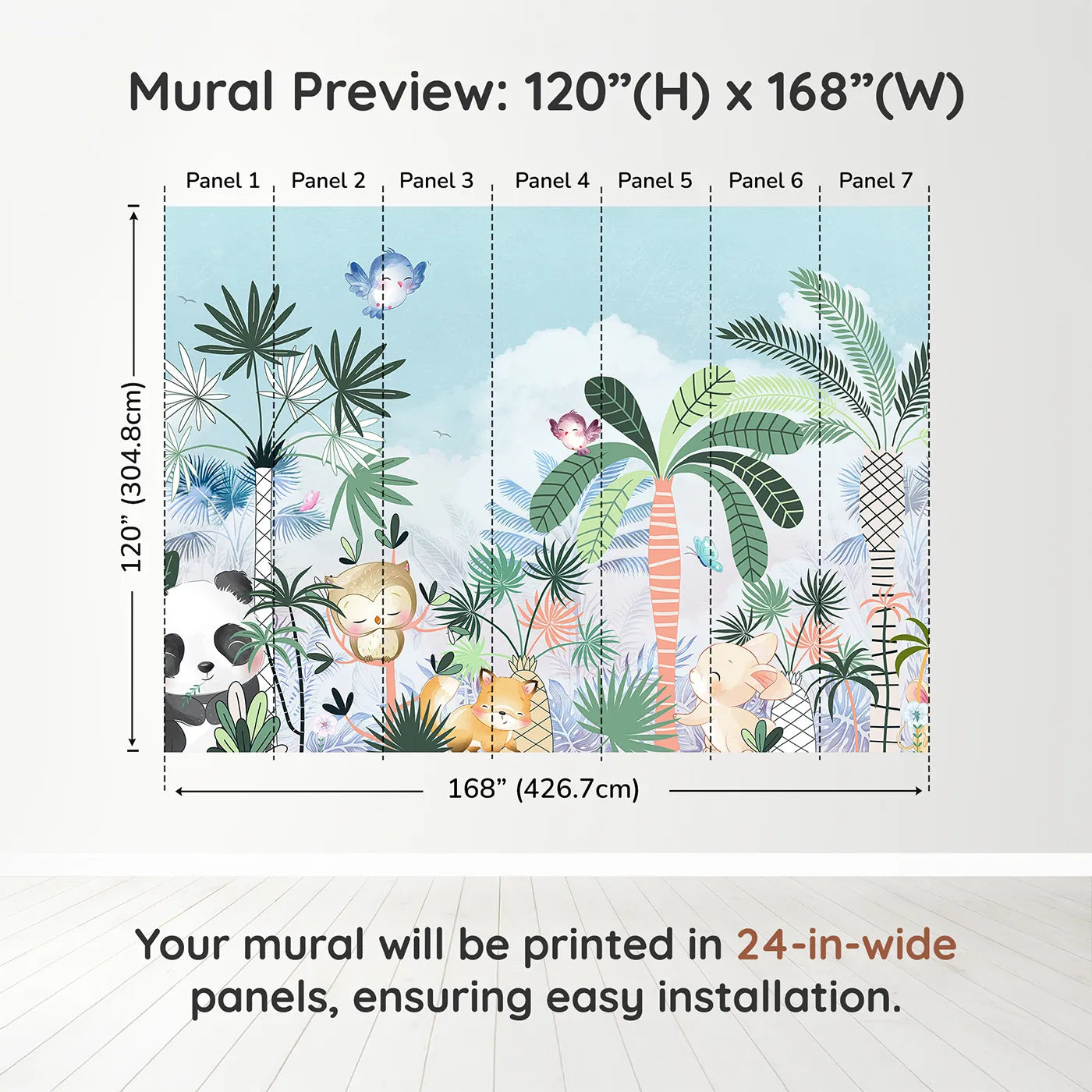 Whimsy Tots Tropical Friends Wall Muraldimension view (120" H x 168" W). Printed in seven 24-inch-wide panels. Gender-Neutral
