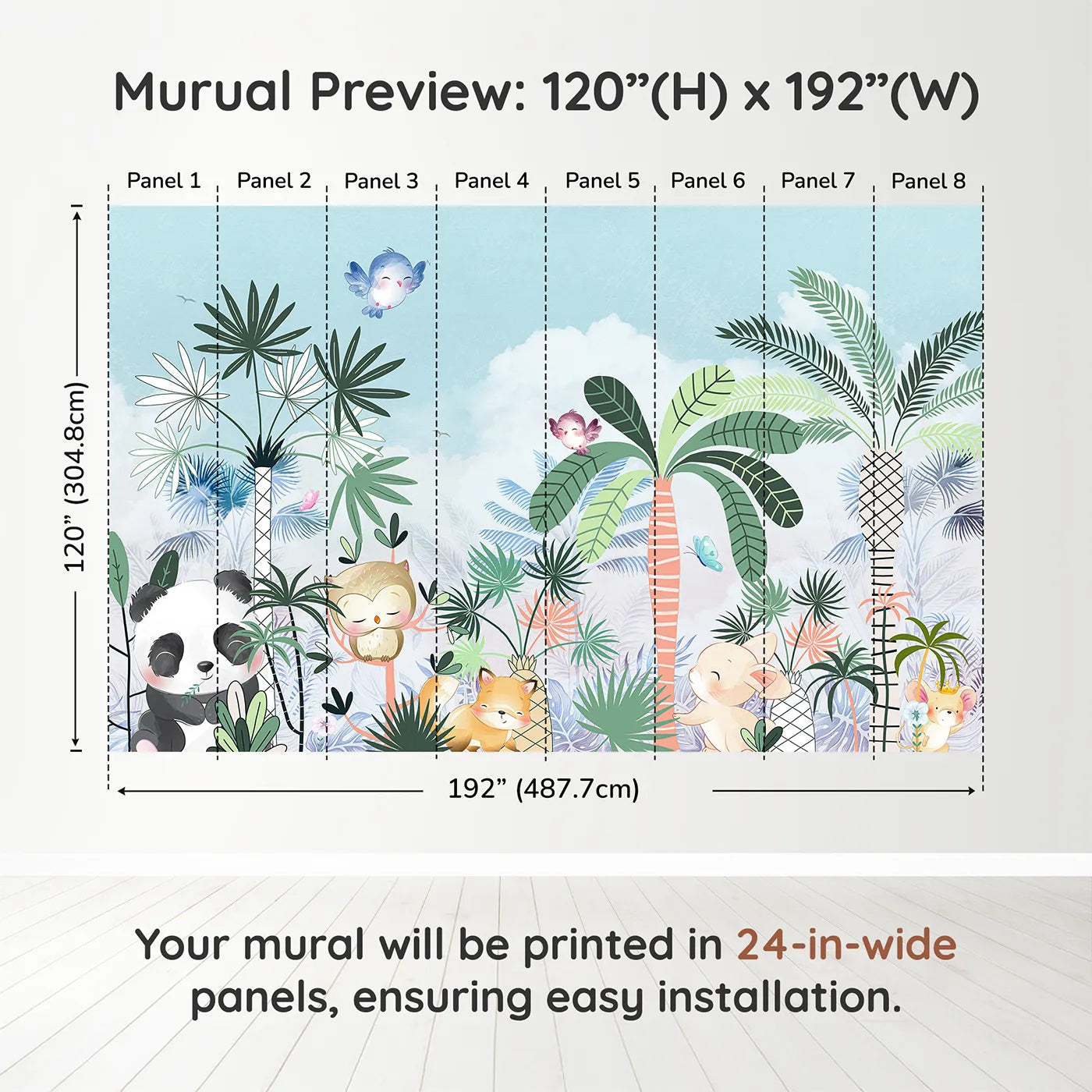 Whimsy Tots Tropical Friends Wall Muraldimension view (120" H x 192" W). Printed in eight 24-inch-wide panels. Gender-Neutral