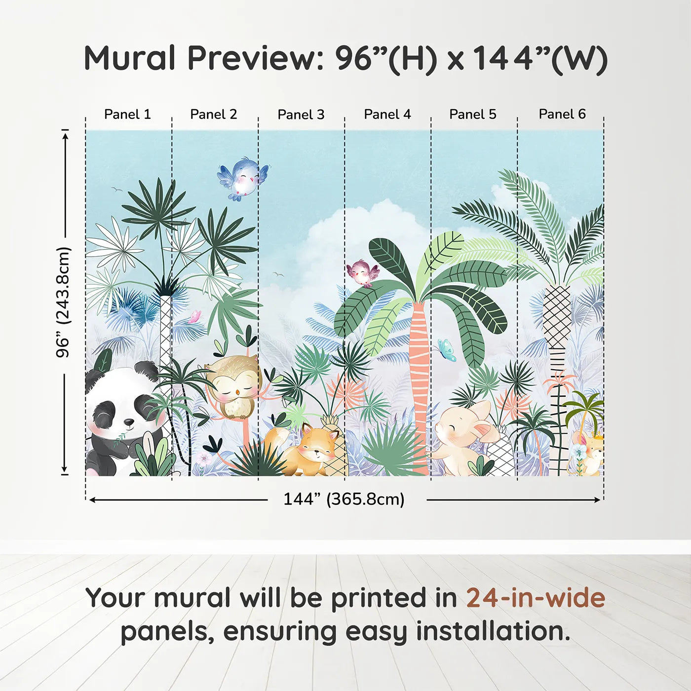 Whimsy Tots Tropical Friends Wall Muraldimension view (96" H x 144" W). Printed in six 24-inch-wide panels. Gender-Neutral