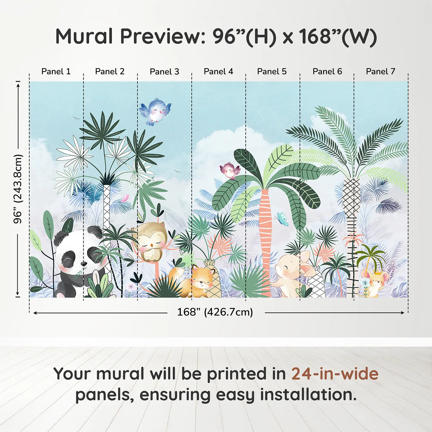 Whimsy Tots Tropical Friends Wall Muraldimension view (96" H x 168" W). Printed in seven 24-inch-wide panels. Gender-Neutral