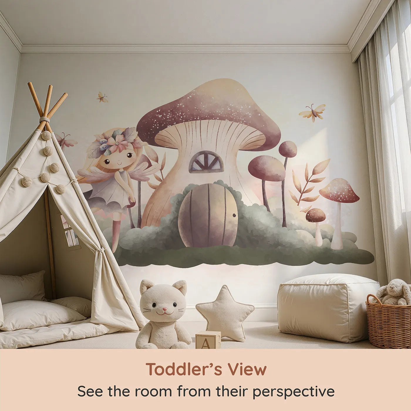 Whimsy Tots Fairy Mushroom House Wall Mural in Beige (Turn Their Room into a Sweet and Magical Fairytale Scene) from your child's view.Best for Girls