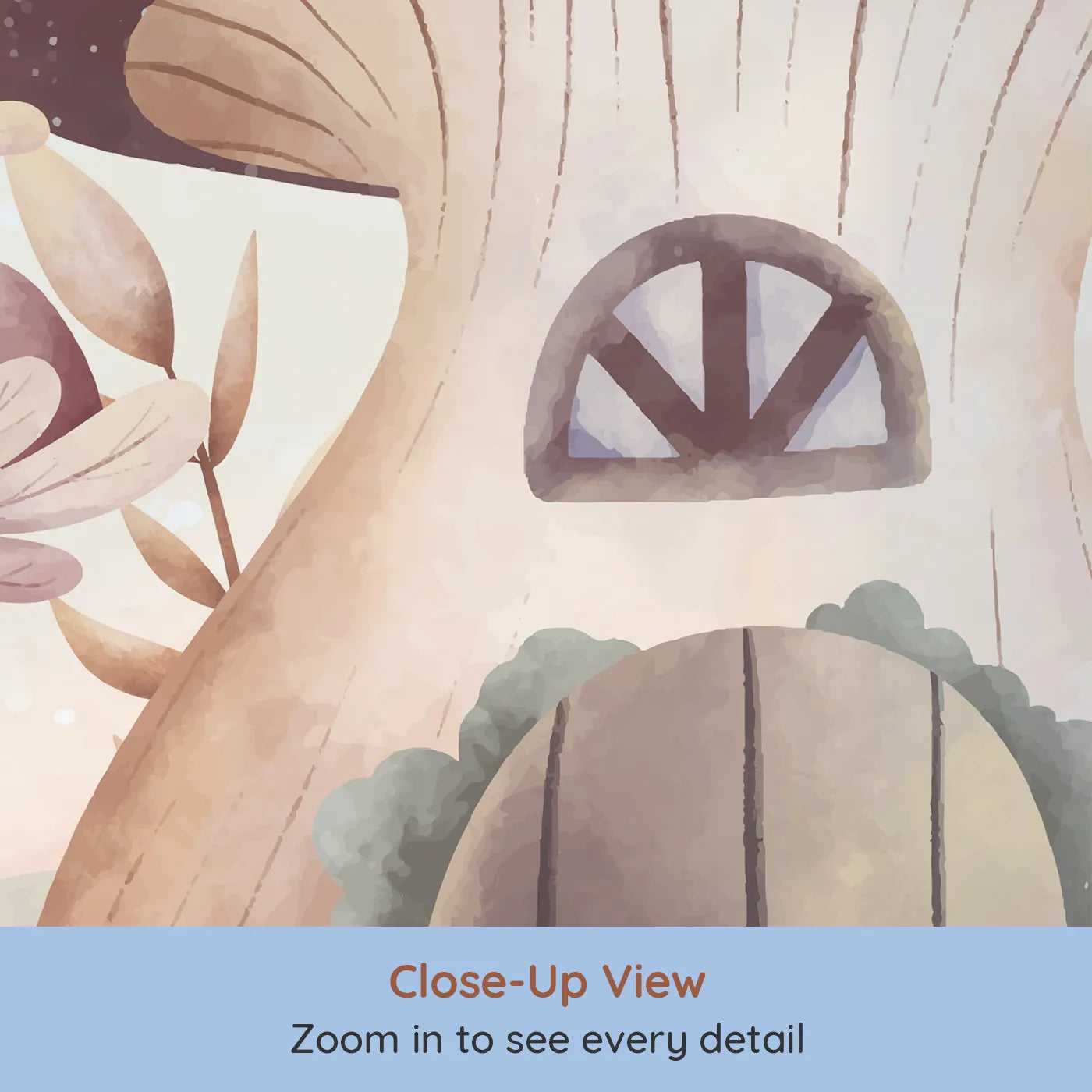 Close-up view of Whimsy Tots' Fairy Mushroom House Wall Mural in Beige (Turn Their Room into a Sweet and Magical Fairytale Scene).Best for Girls
