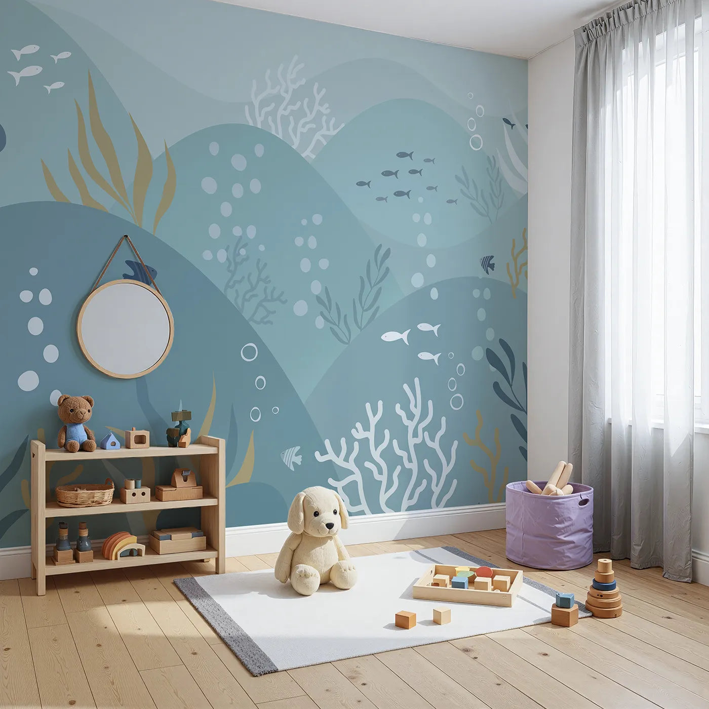 Angled view of Whimsy Tots' Abstract Ocean Floor Wall Mural (Turn Their Room into a Calm and Modern Seascape).Gender-Neutral