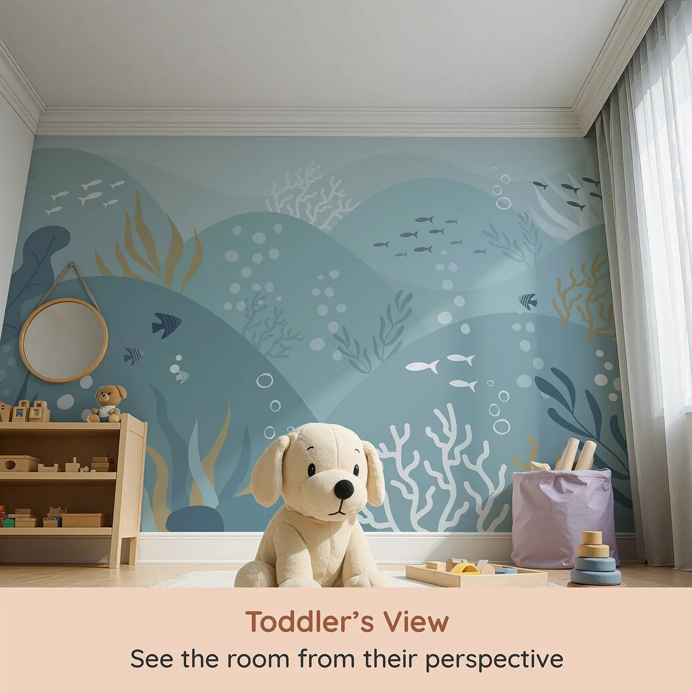 Whimsy Tots Abstract Ocean Floor Wall Mural (Turn Their Room into a Calm and Modern Seascape) from your child's view.Gender-Neutral