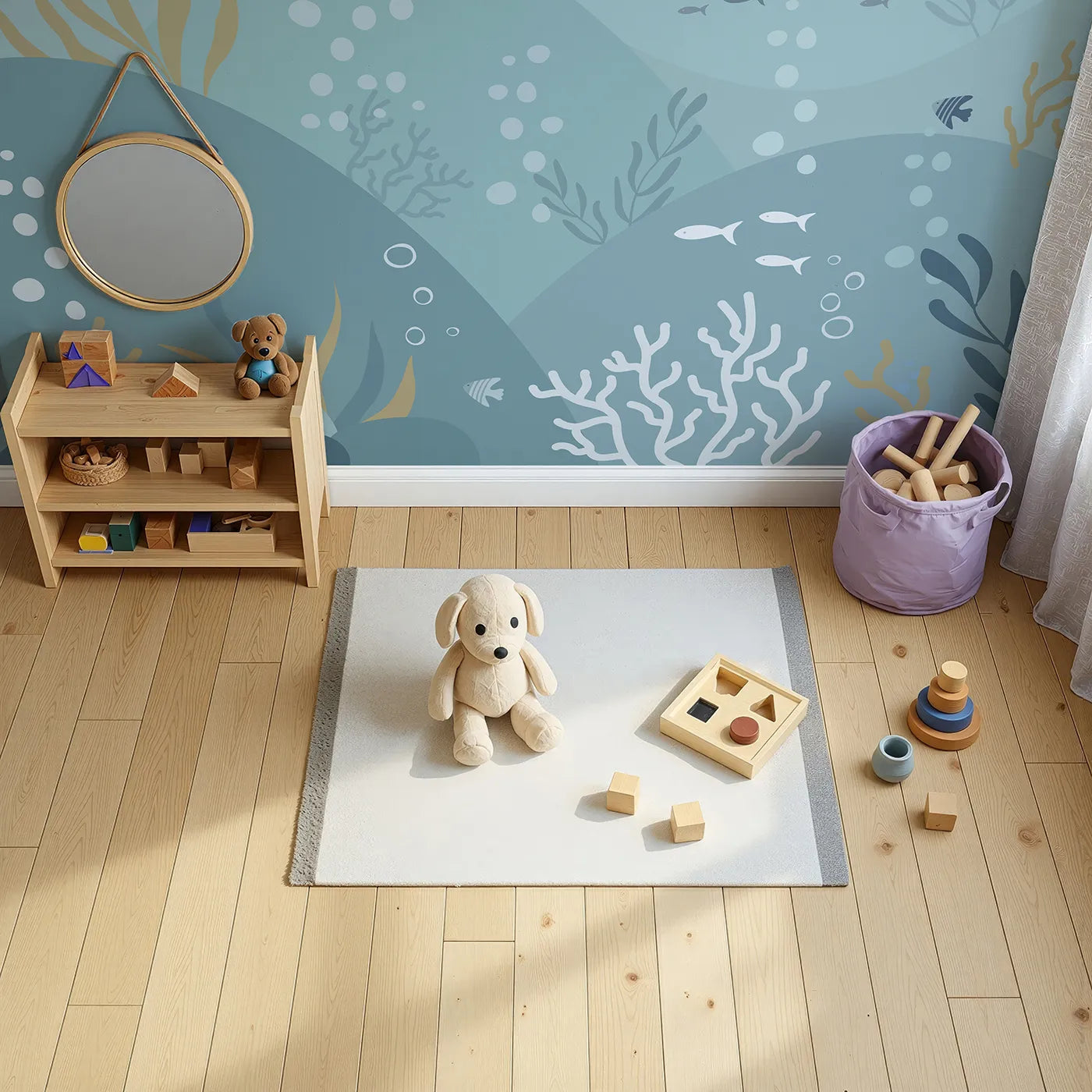 Top-down view of Whimsy Tots' Abstract Ocean Floor Wall Mural (Turn Their Room into a Calm and Modern Seascape).Gender-Neutral