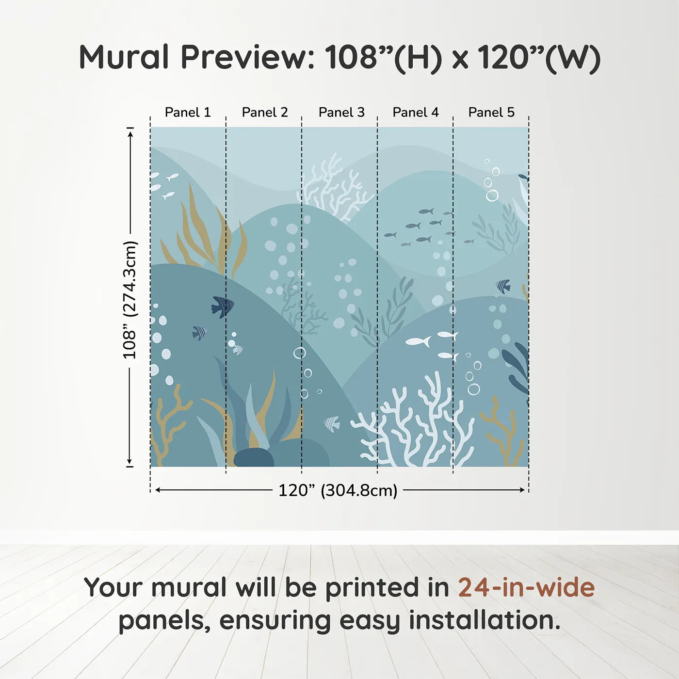 Whimsy Tots Abstract Ocean Floor Wall Muraldimension view (108" H x 120" W). Printed in five 24-inch-wide panels. Gender-Neutral