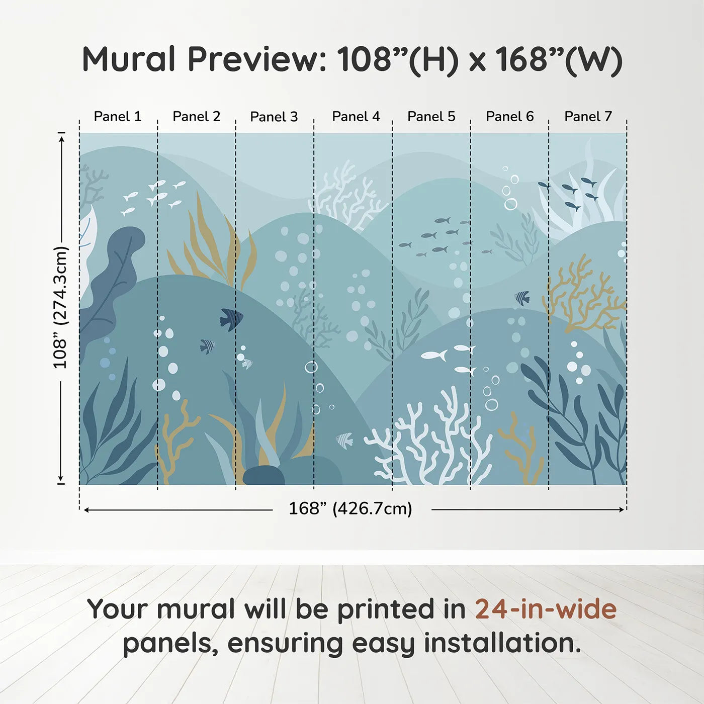 Whimsy Tots Abstract Ocean Floor Wall Muraldimension view (108" H x 168" W). Printed in seven 24-inch-wide panels. Gender-Neutral