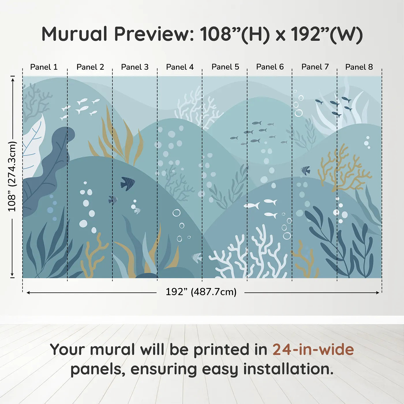 Whimsy Tots Abstract Ocean Floor Wall Muraldimension view (108" H x 192" W). Printed in eight 24-inch-wide panels. Gender-Neutral