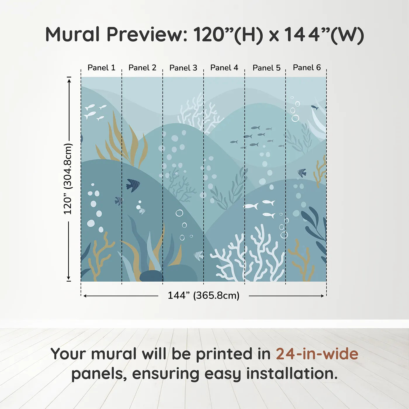 Whimsy Tots Abstract Ocean Floor Wall Muraldimension view (120" H x 144" W). Printed in six 24-inch-wide panels. Gender-Neutral