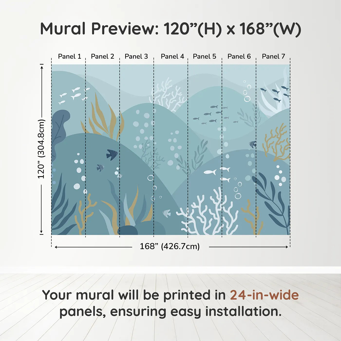 Whimsy Tots Abstract Ocean Floor Wall Muraldimension view (120" H x 168" W). Printed in seven 24-inch-wide panels. Gender-Neutral