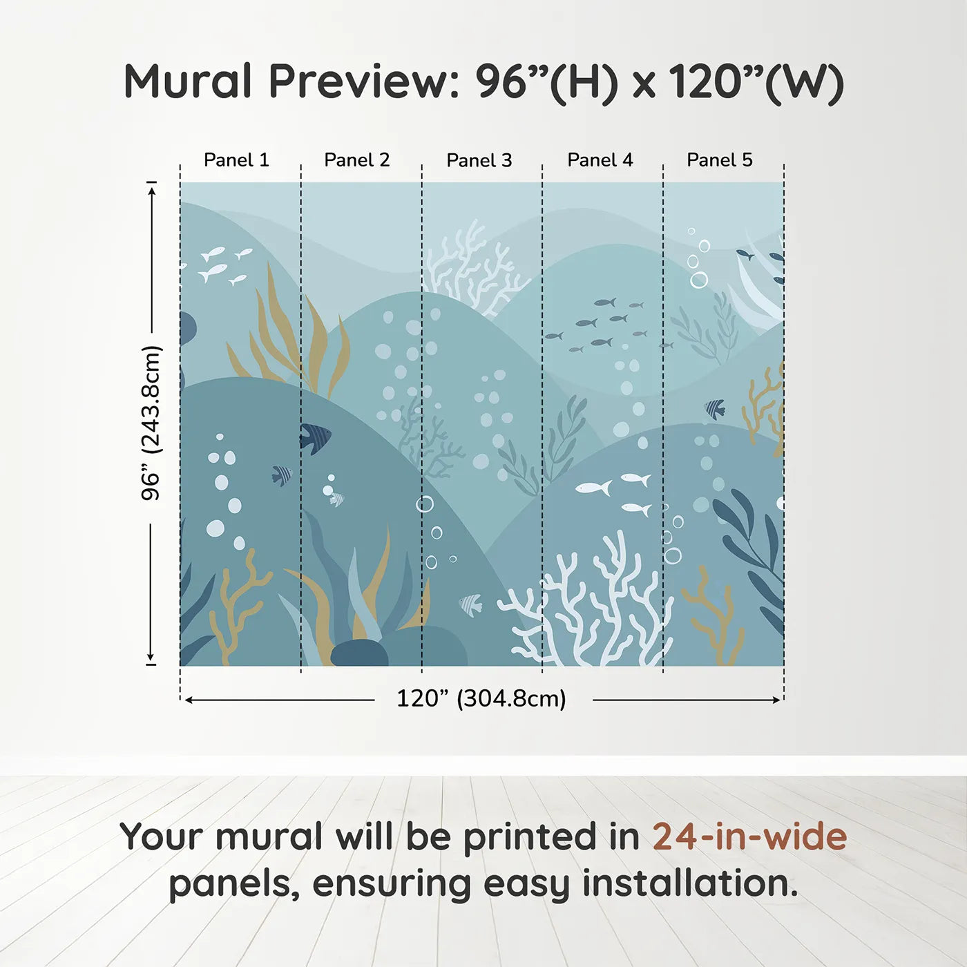 Whimsy Tots Abstract Ocean Floor Wall Muraldimension view (96" H x 120" W). Printed in five 24-inch-wide panels. Gender-Neutral