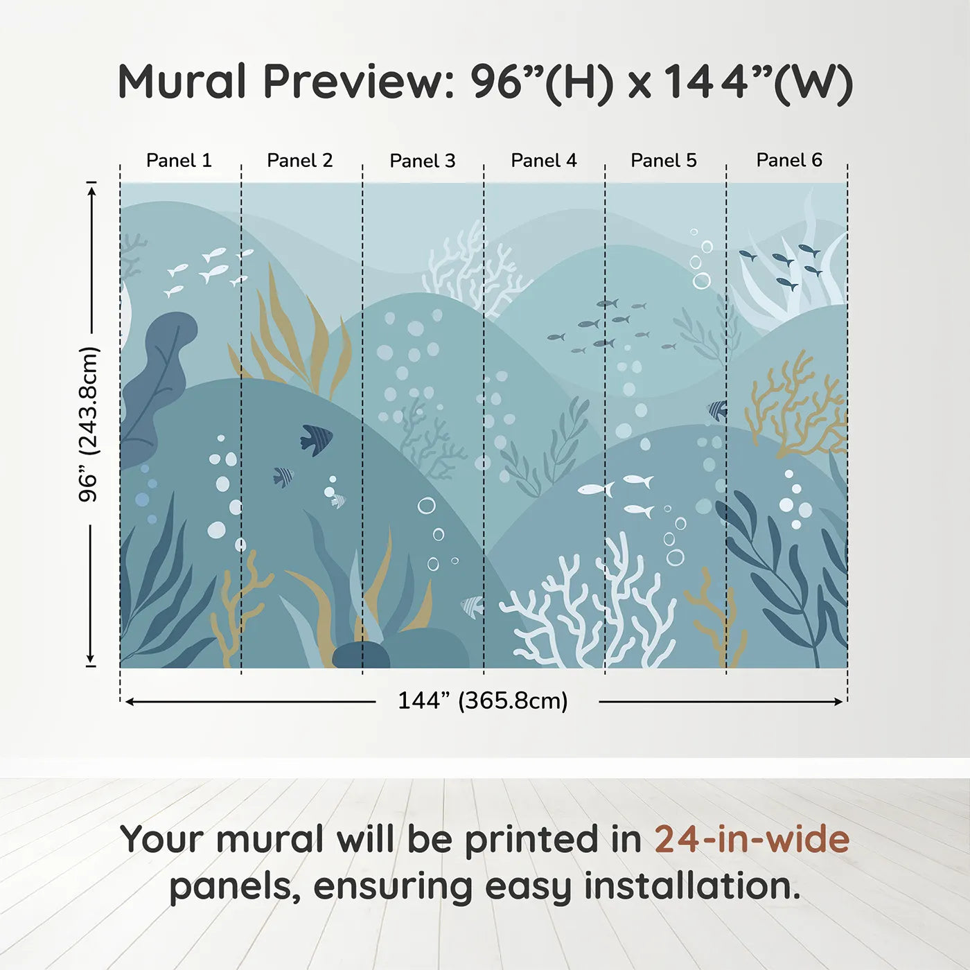 Whimsy Tots Abstract Ocean Floor Wall Muraldimension view (96" H x 144" W). Printed in six 24-inch-wide panels. Gender-Neutral