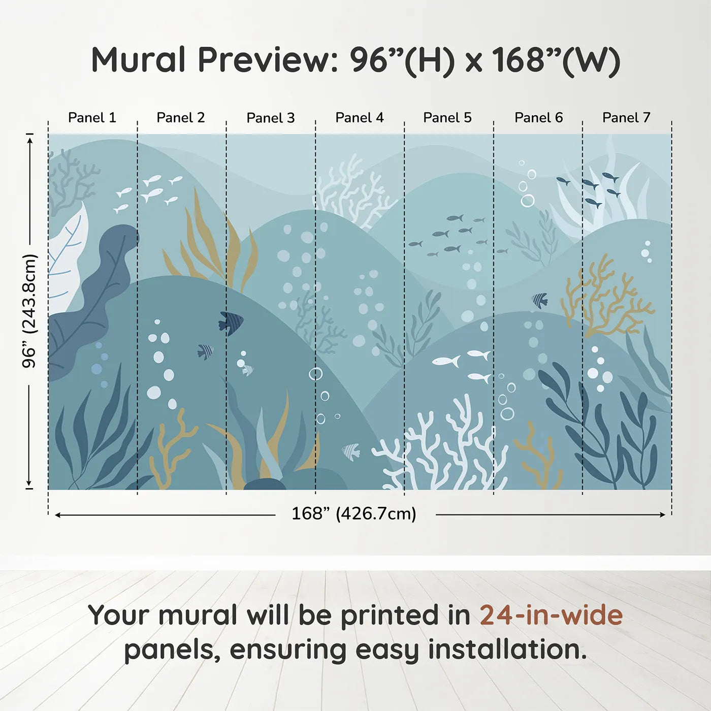 Whimsy Tots Abstract Ocean Floor Wall Muraldimension view (96" H x 168" W). Printed in seven 24-inch-wide panels. Gender-Neutral