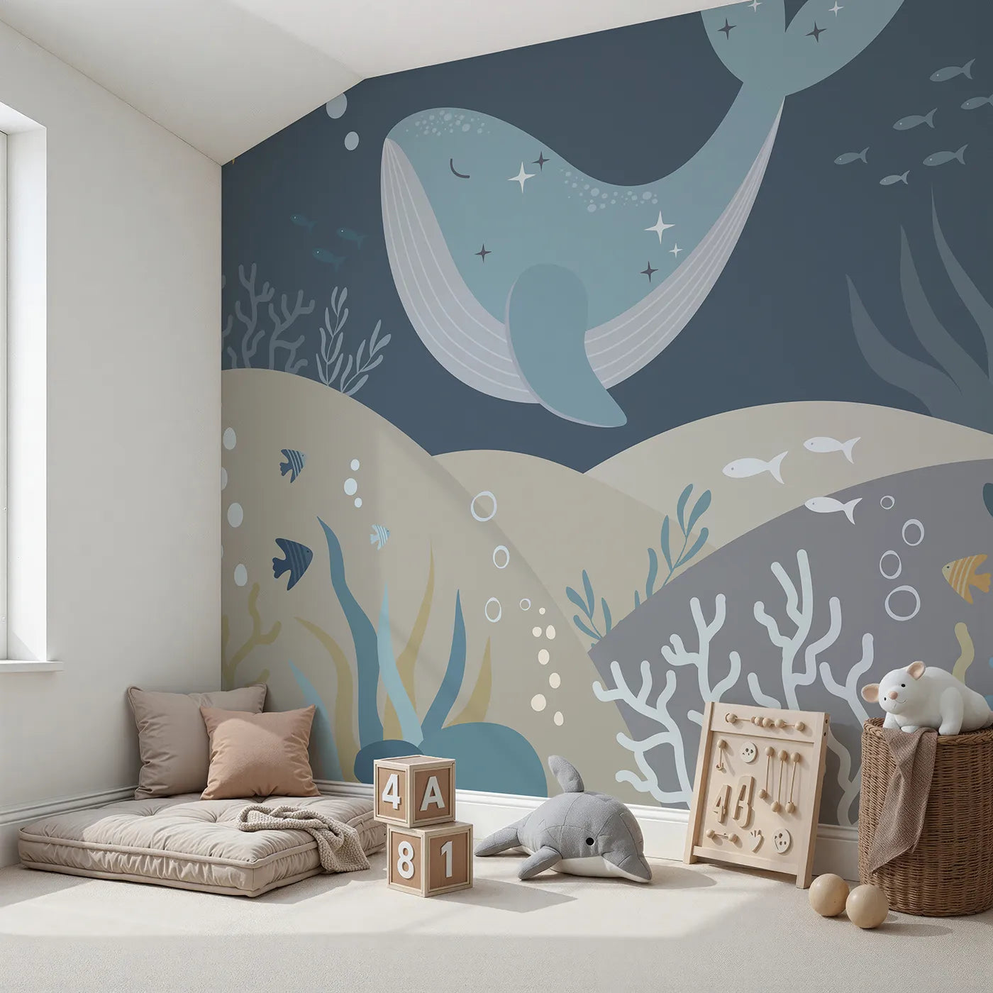 Angled view of Whimsy Tots' Sparkling Whale Dream Wall Mural (Turn Their Room into a Magical, Starry Ocean).Gender-Neutral