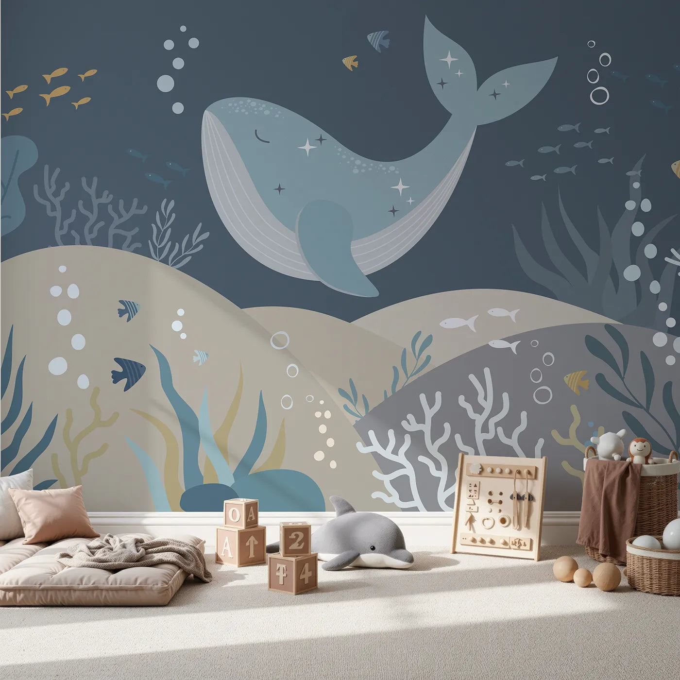 Front view of Whimsy Tots' Sparkling Whale Dream Wall Mural