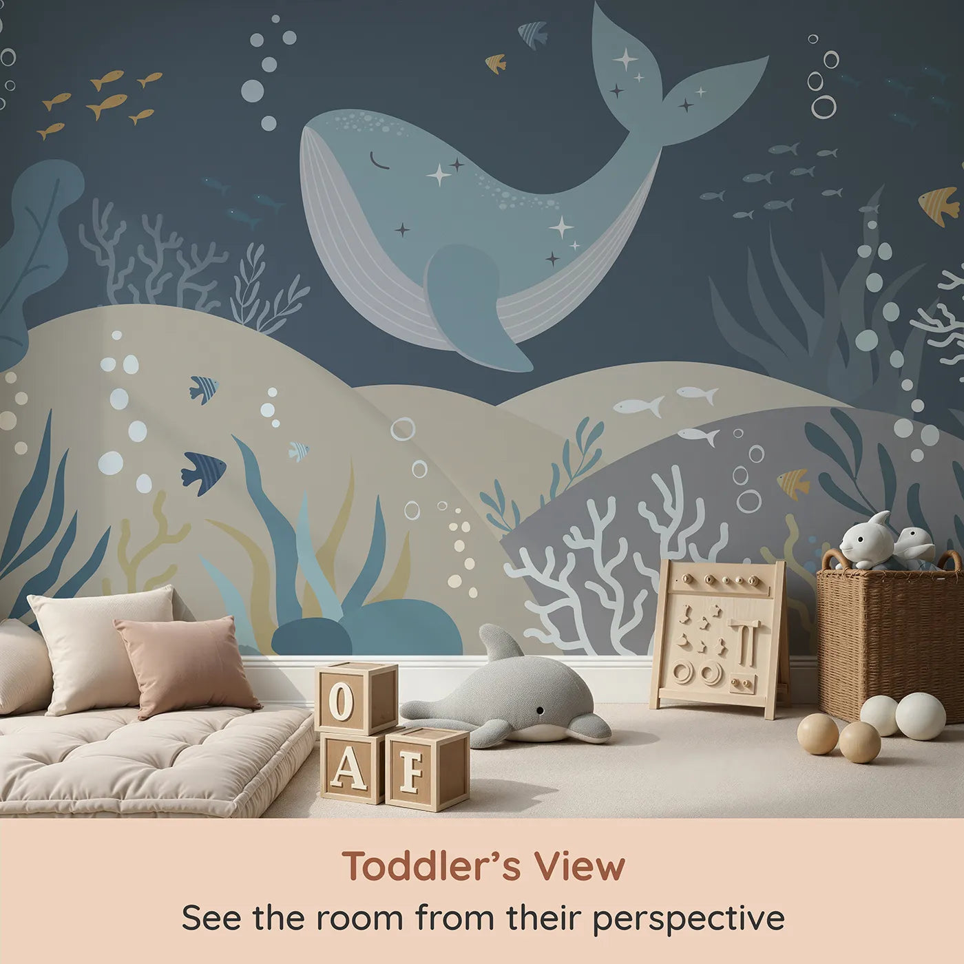 Whimsy Tots Sparkling Whale Dream Wall Mural (Turn Their Room into a Magical, Starry Ocean) from your child's view.Gender-Neutral