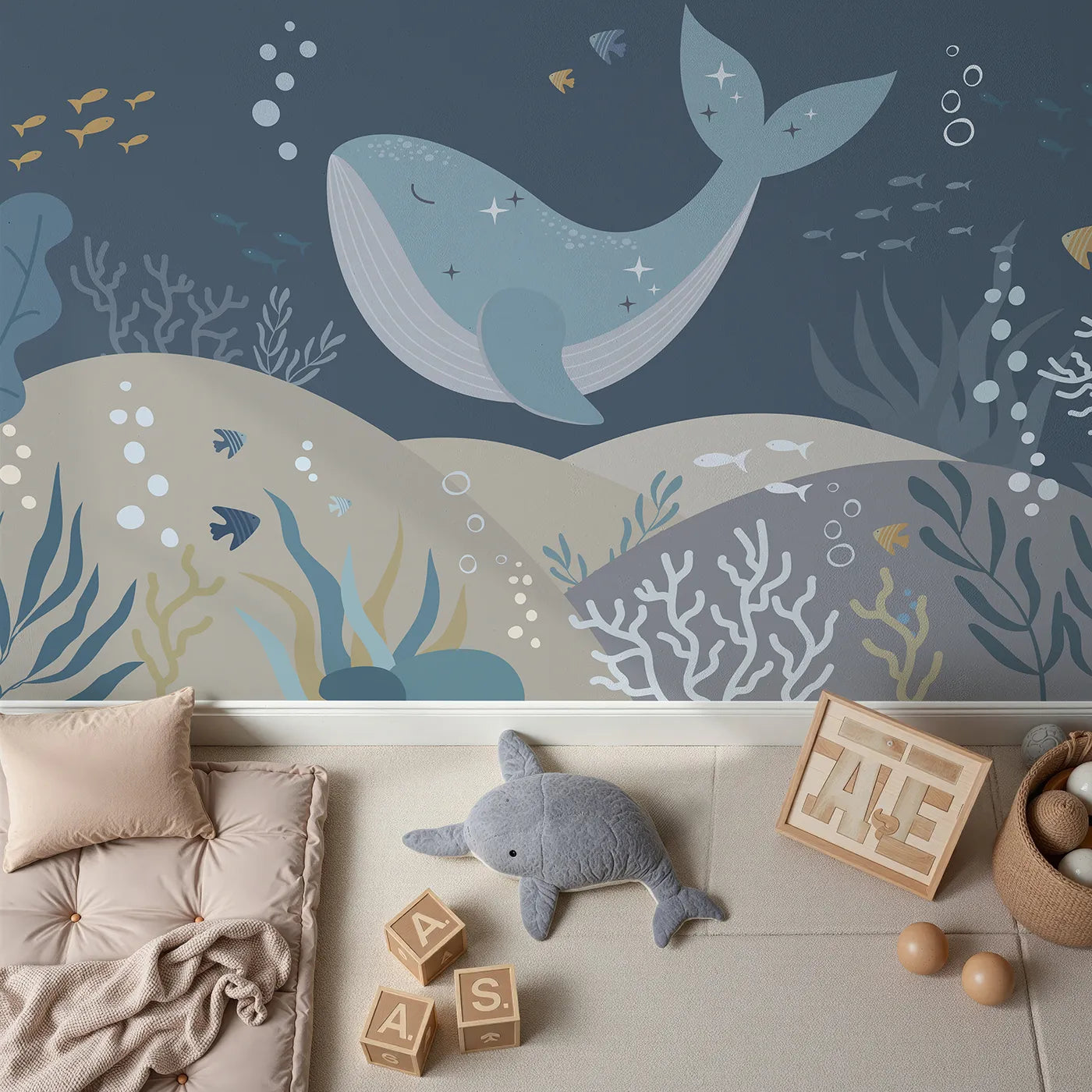 Top-down view of Whimsy Tots' Sparkling Whale Dream Wall Mural (Turn Their Room into a Magical, Starry Ocean).Gender-Neutral