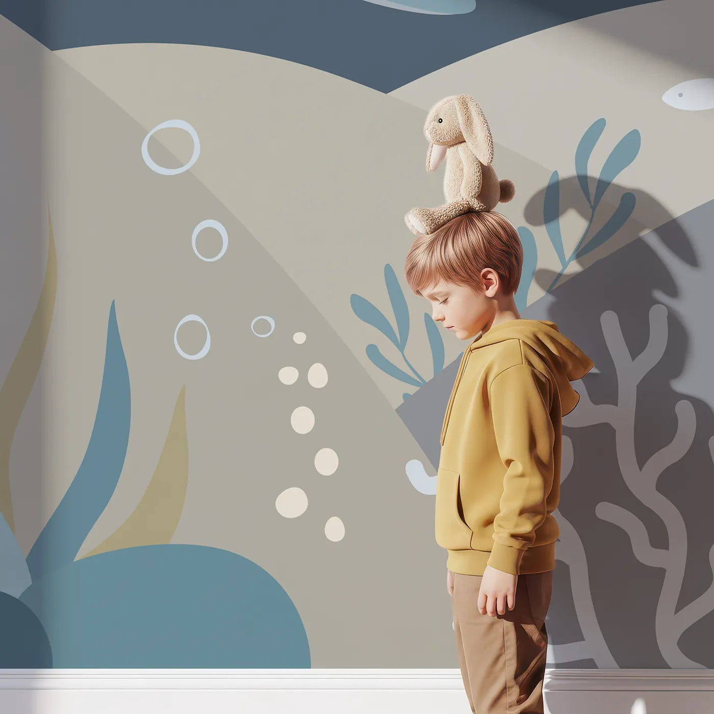 Child in front of Whimsy Tots Sparkling Whale Dream Wall Mural with whale, sea, ocean, star, sparkle, abstract, cute, nursery in design.