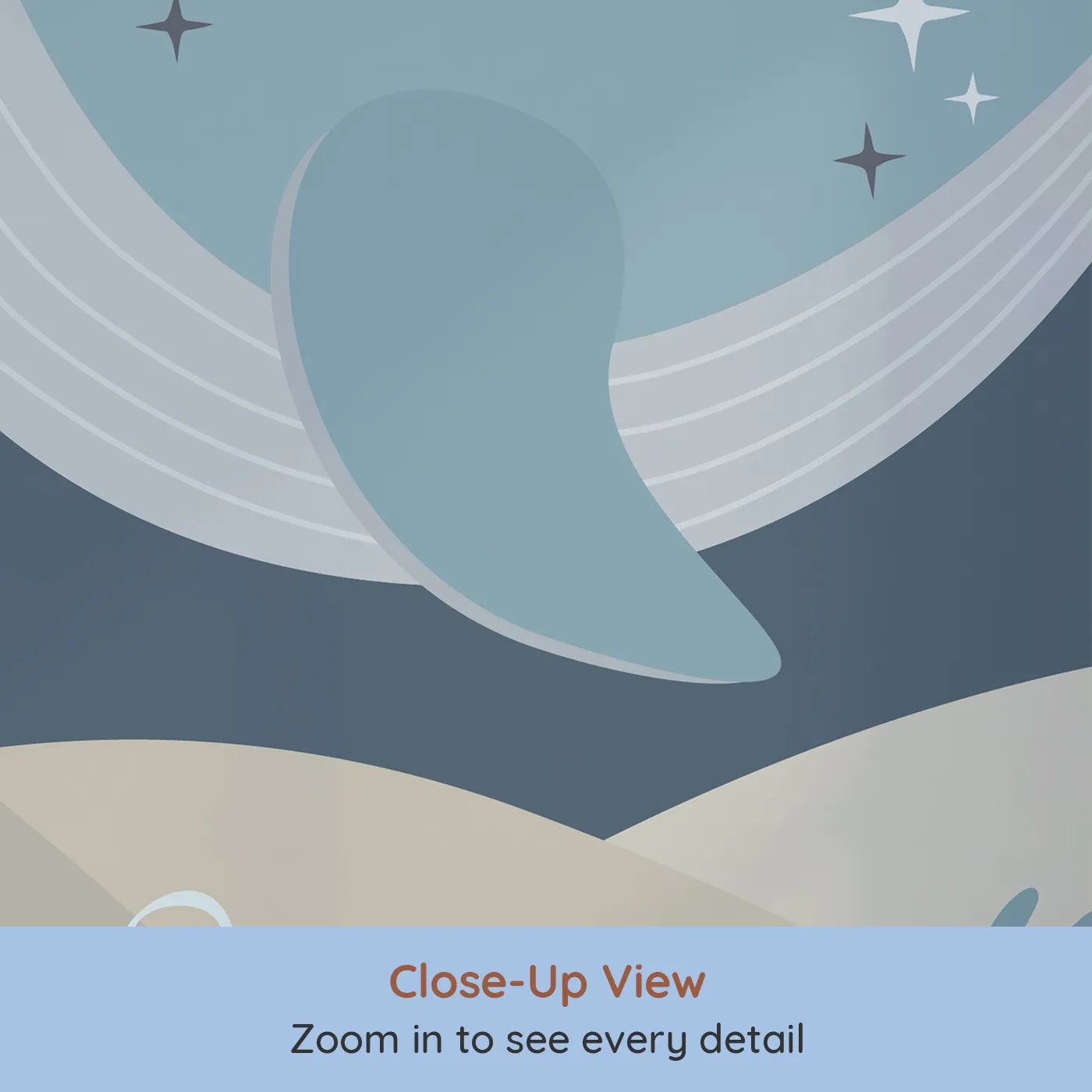 Close-up view of Whimsy Tots' Sparkling Whale Dream Wall Mural (Turn Their Room into a Magical, Starry Ocean).Gender-Neutral