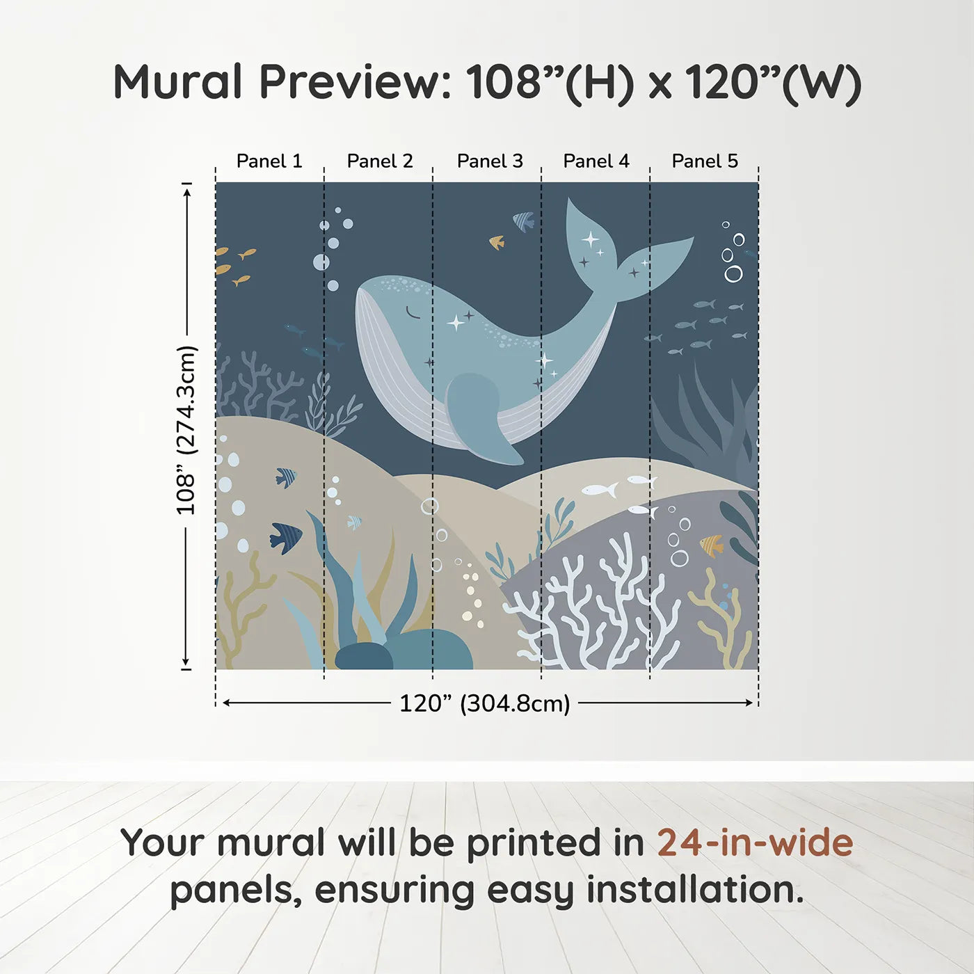 Whimsy Tots Sparkling Whale Dream Wall Muraldimension view (108" H x 120" W). Printed in five 24-inch-wide panels. Gender-Neutral
