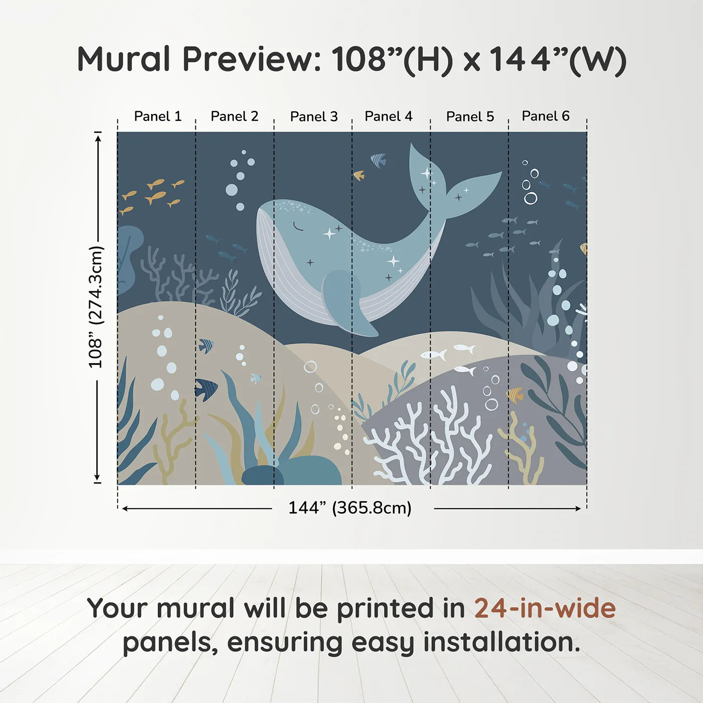 Whimsy Tots Sparkling Whale Dream Wall Muraldimension view (108" H x 144" W). Printed in six 24-inch-wide panels. Gender-Neutral