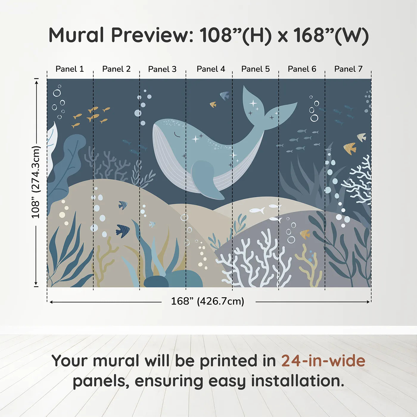 Whimsy Tots Sparkling Whale Dream Wall Muraldimension view (108" H x 168" W). Printed in seven 24-inch-wide panels. Gender-Neutral