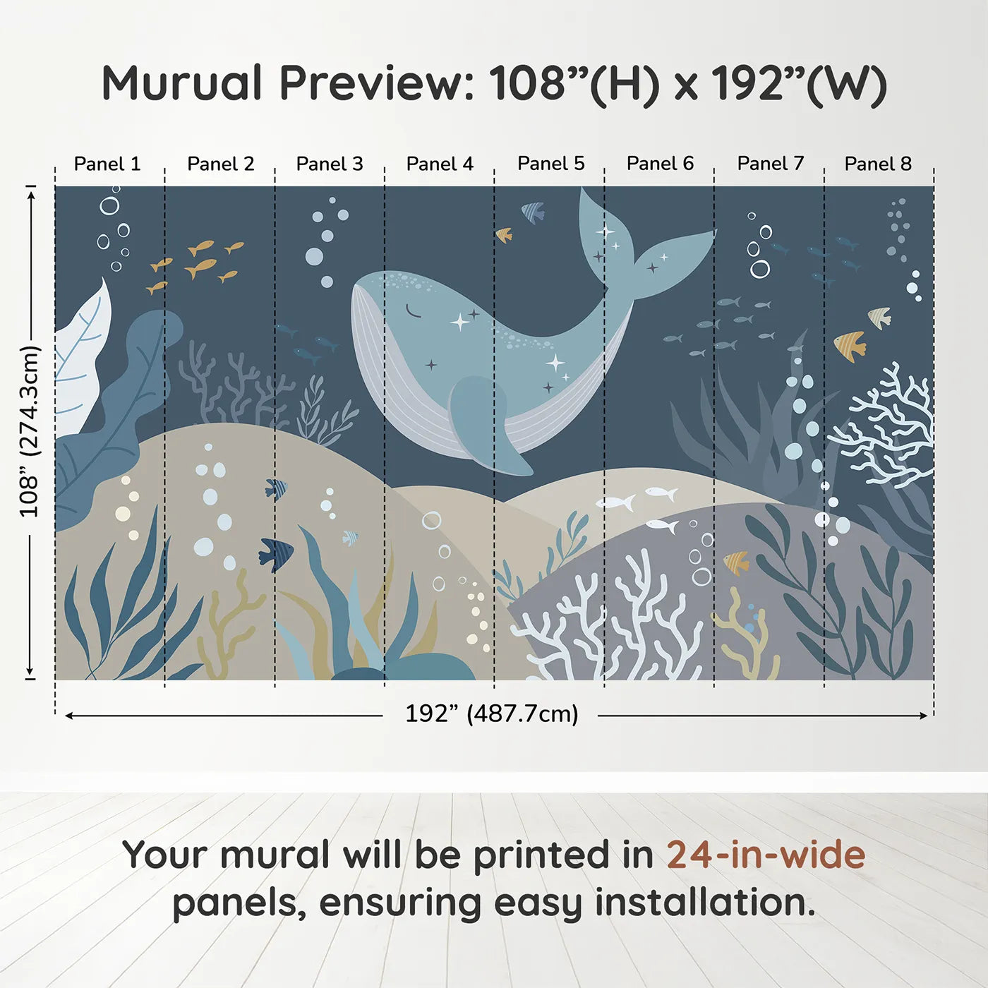 Whimsy Tots Sparkling Whale Dream Wall Muraldimension view (108" H x 192" W). Printed in eight 24-inch-wide panels. Gender-Neutral