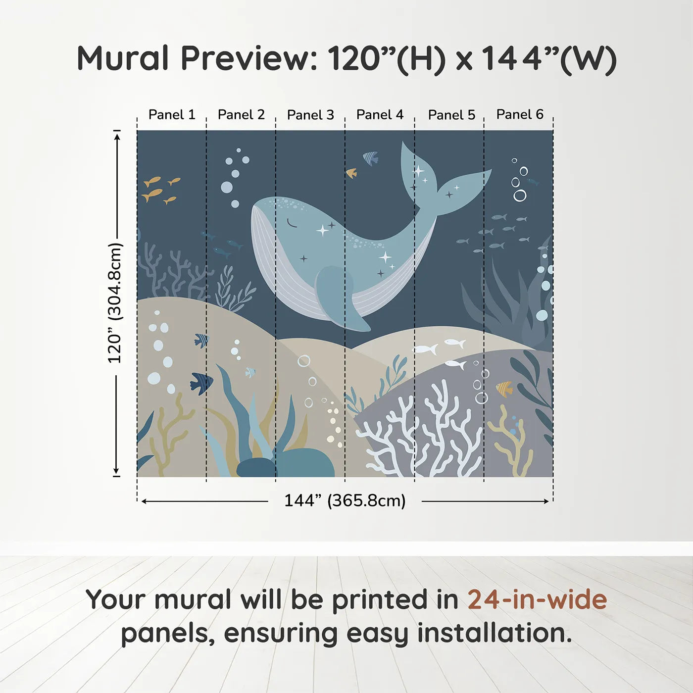 Whimsy Tots Sparkling Whale Dream Wall Muraldimension view (120" H x 144" W). Printed in six 24-inch-wide panels. Gender-Neutral