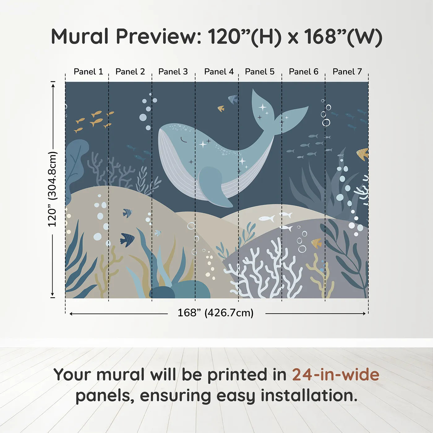 Whimsy Tots Sparkling Whale Dream Wall Muraldimension view (120" H x 168" W). Printed in seven 24-inch-wide panels. Gender-Neutral