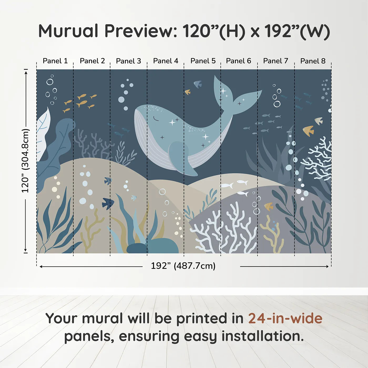 Whimsy Tots Sparkling Whale Dream Wall Muraldimension view (120" H x 192" W). Printed in eight 24-inch-wide panels. Gender-Neutral