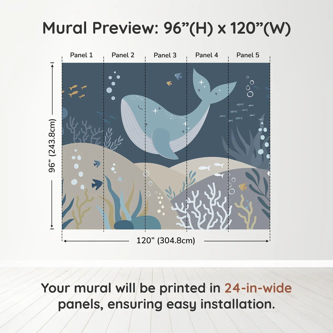 Whimsy Tots Sparkling Whale Dream Wall Muraldimension view (96" H x 120" W). Printed in five 24-inch-wide panels. Gender-Neutral