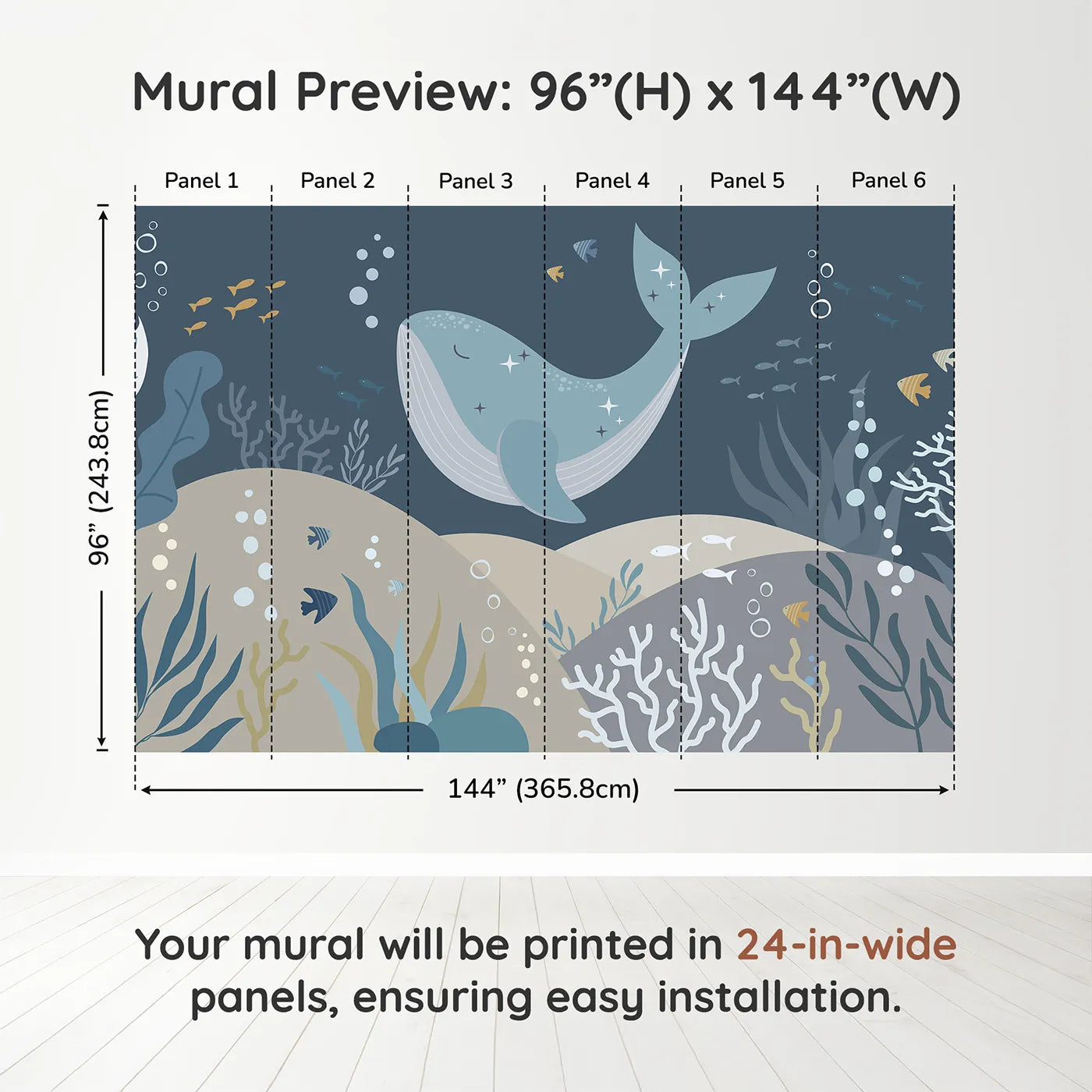 Whimsy Tots Sparkling Whale Dream Wall Muraldimension view (96" H x 144" W). Printed in six 24-inch-wide panels. Gender-Neutral