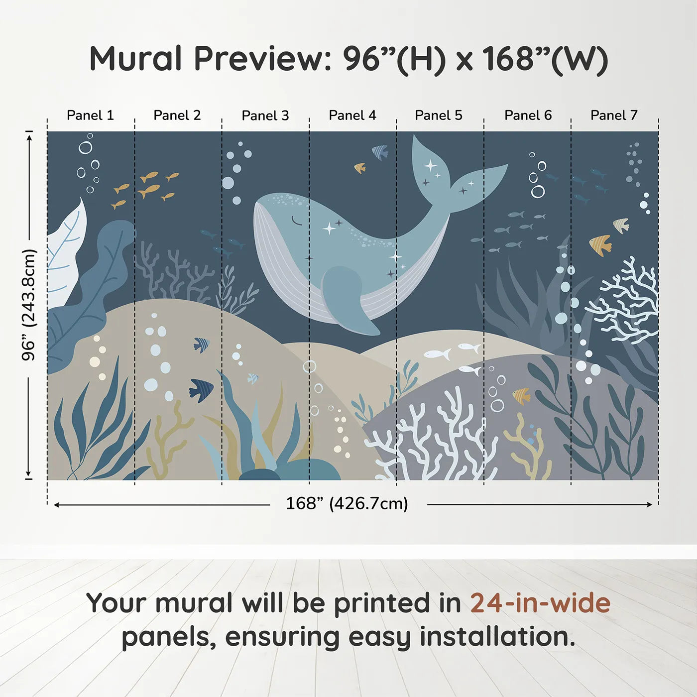 Whimsy Tots Sparkling Whale Dream Wall Muraldimension view (96" H x 168" W). Printed in seven 24-inch-wide panels. Gender-Neutral