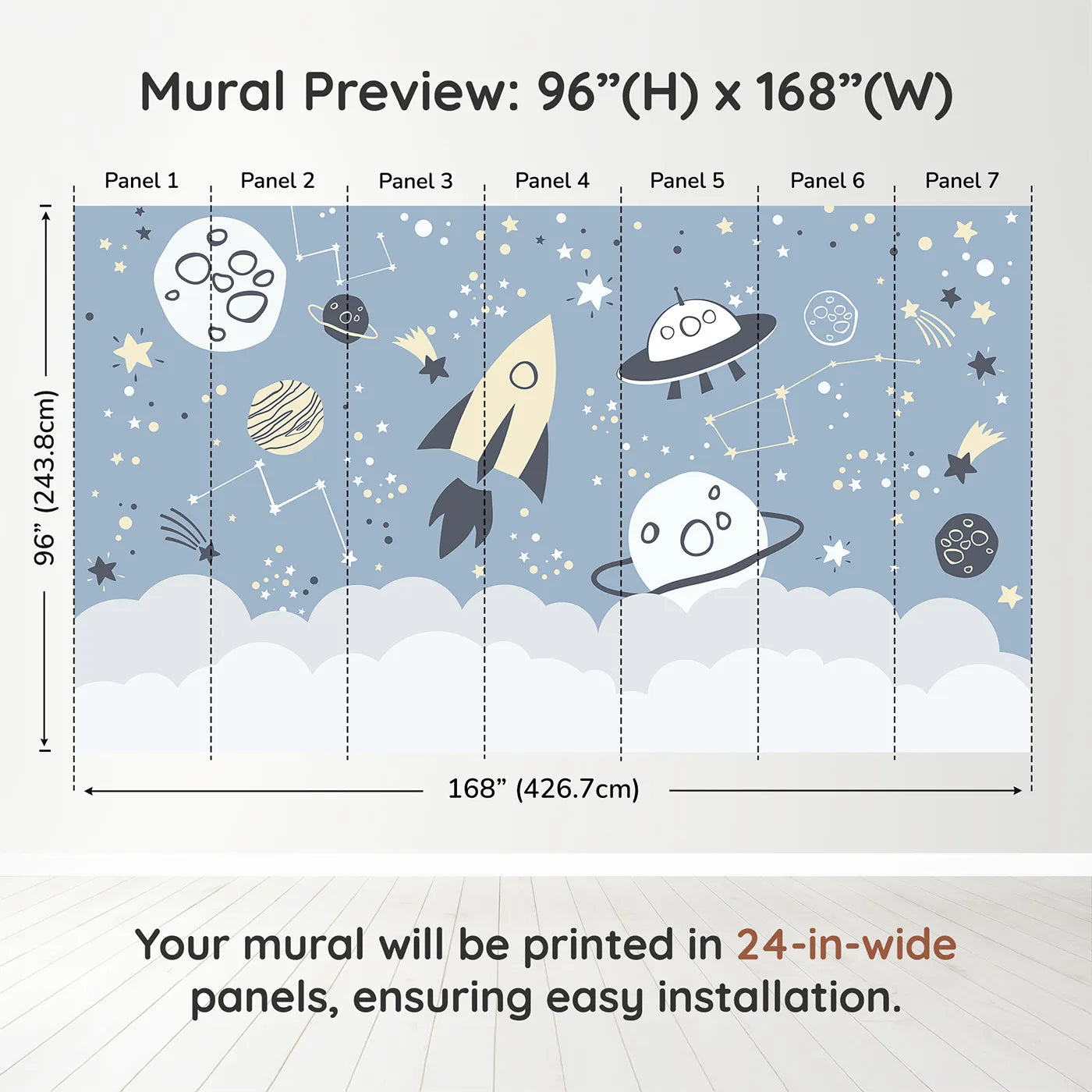 Whimsy Tots Doodle Space Adventure Wall Muraldimension view (96" H x 168" W). Printed in seven 24-inch-wide panels. Gender-Neutral