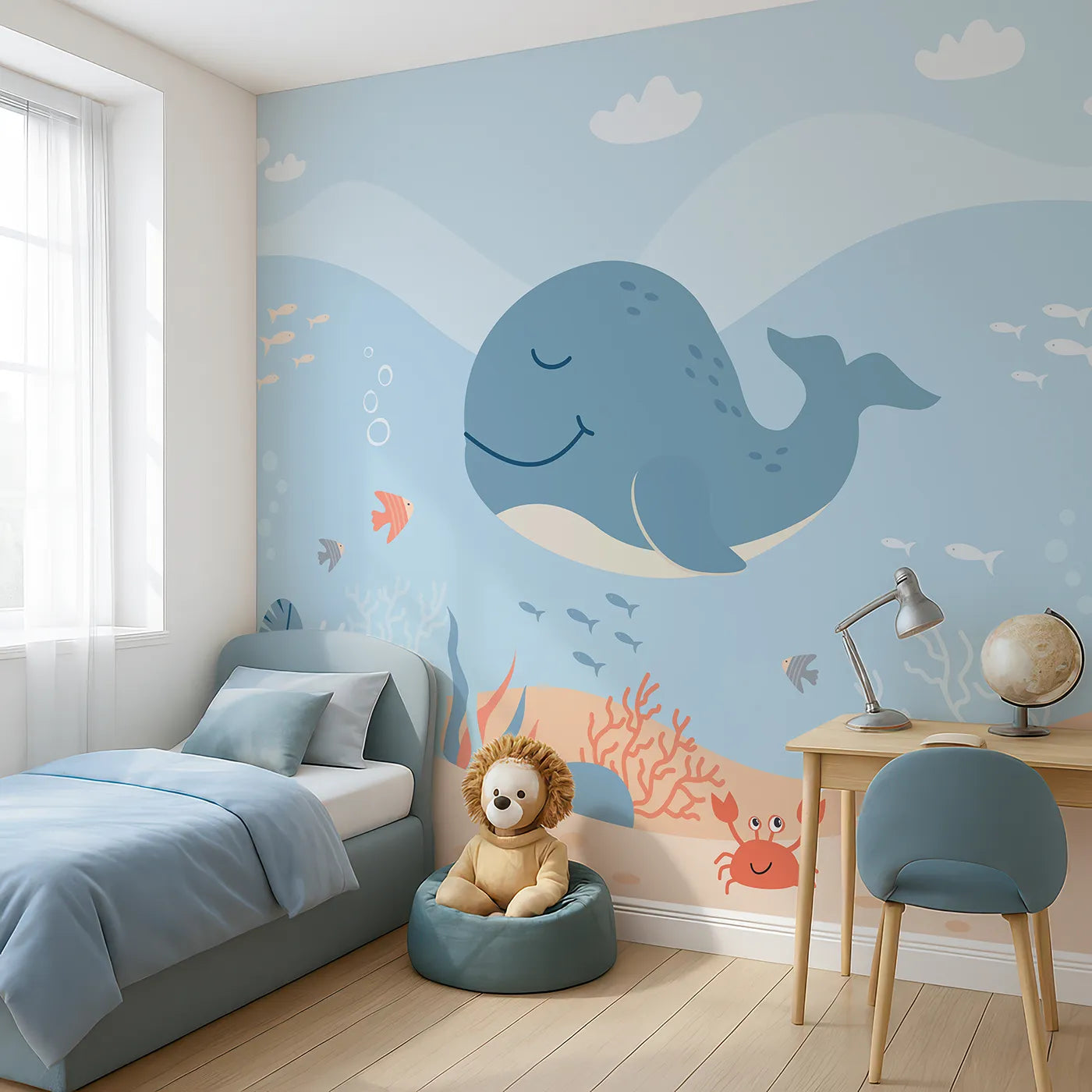 Angled view of Whimsy Tots' Happy Whale and Friends Wall Mural (Turn Their Room into the Sweetest, Happiest Ocean Scene).Gender-Neutral