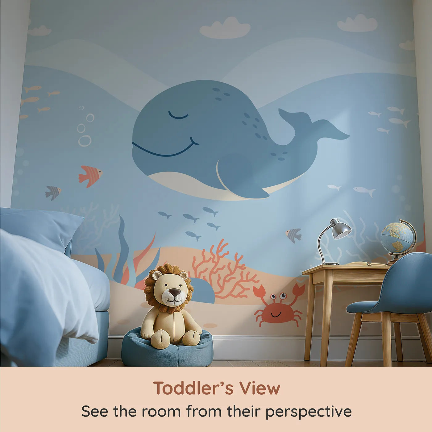 Whimsy Tots Happy Whale and Friends Wall Mural (Turn Their Room into the Sweetest, Happiest Ocean Scene) from your child's view.Gender-Neutral