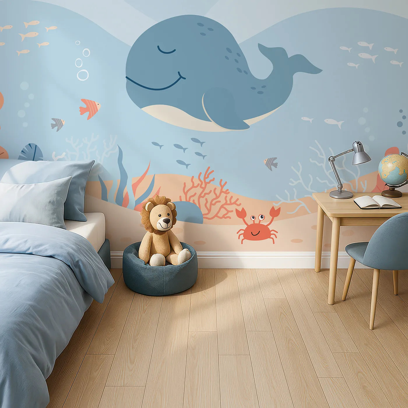 Top-down view of Whimsy Tots' Happy Whale and Friends Wall Mural (Turn Their Room into the Sweetest, Happiest Ocean Scene).Gender-Neutral