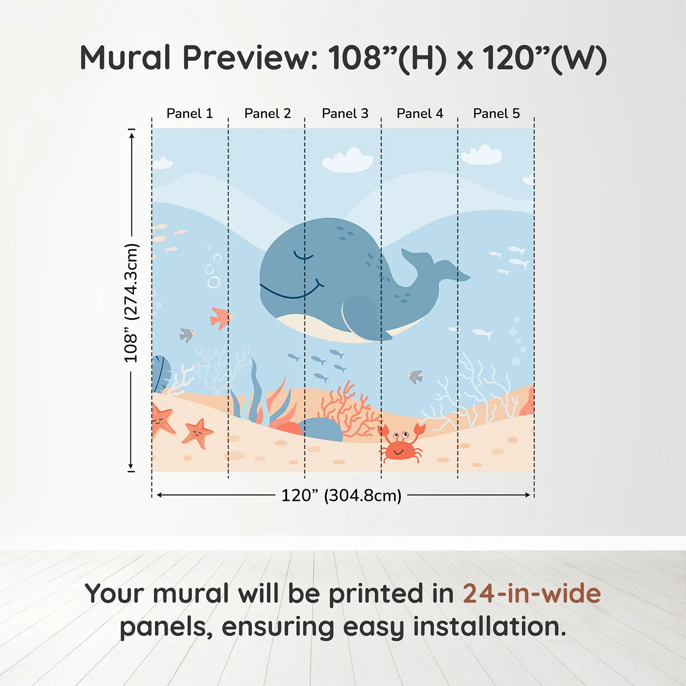 Whimsy Tots Happy Whale and Friends Wall Muraldimension view (108" H x 120" W). Printed in five 24-inch-wide panels. Gender-Neutral