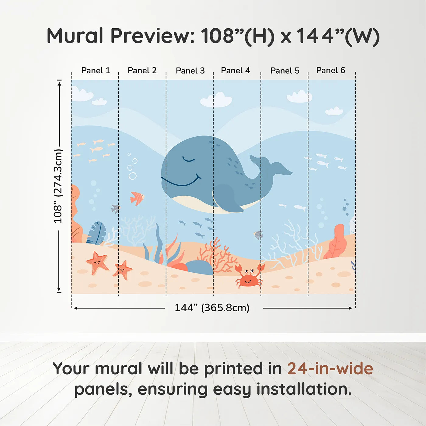 Whimsy Tots Happy Whale and Friends Wall Muraldimension view (108" H x 144" W). Printed in six 24-inch-wide panels. Gender-Neutral