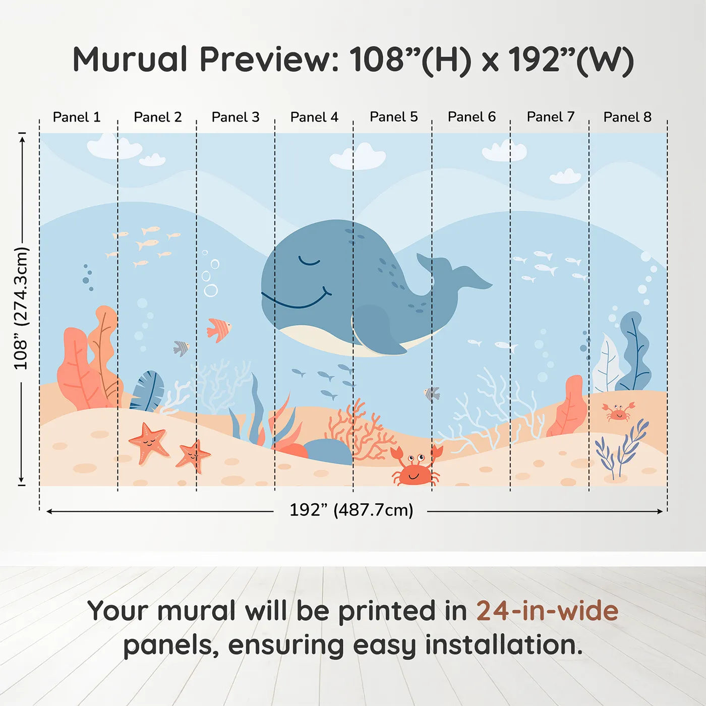 Whimsy Tots Happy Whale and Friends Wall Muraldimension view (108" H x 192" W). Printed in eight 24-inch-wide panels. Gender-Neutral