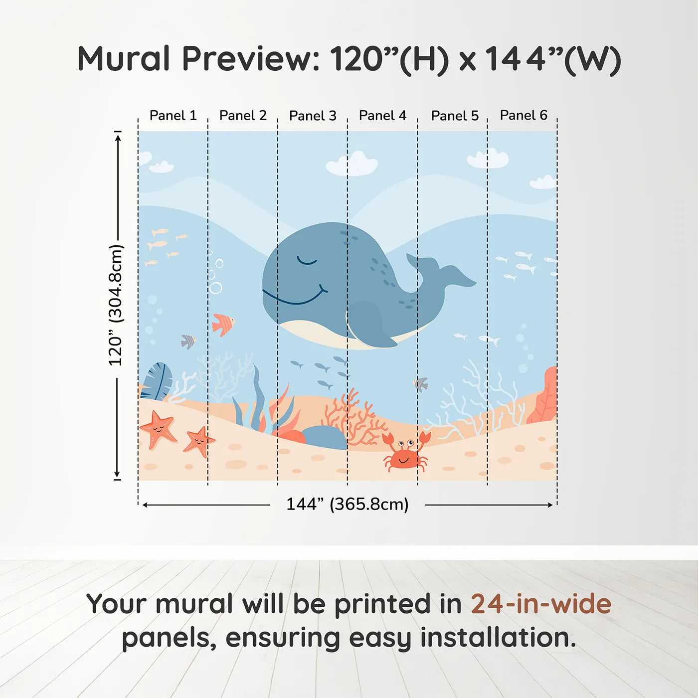 Whimsy Tots Happy Whale and Friends Wall Muraldimension view (120" H x 144" W). Printed in six 24-inch-wide panels. Gender-Neutral