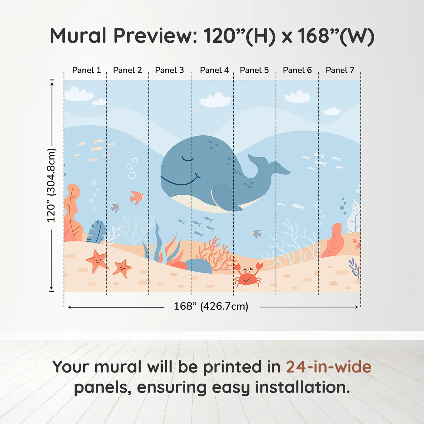 Whimsy Tots Happy Whale and Friends Wall Muraldimension view (120" H x 168" W). Printed in seven 24-inch-wide panels. Gender-Neutral