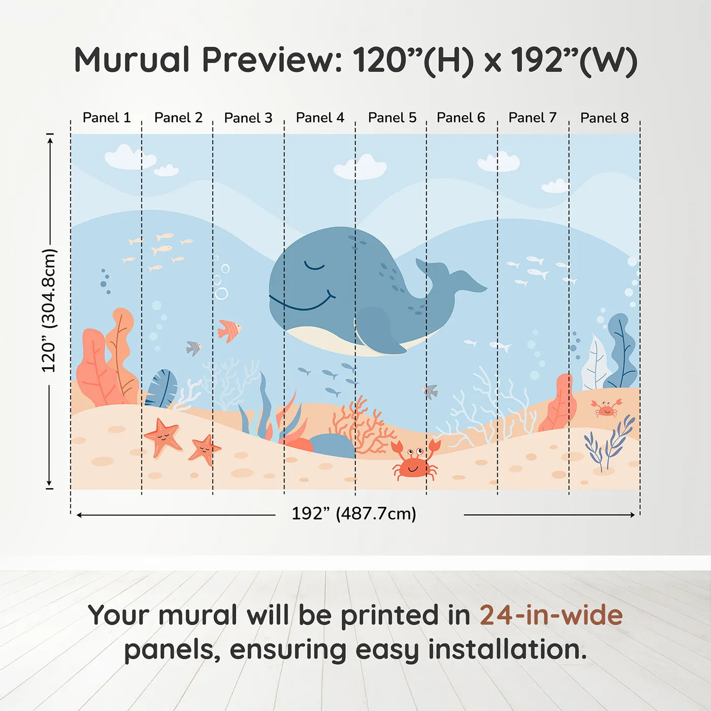 Whimsy Tots Happy Whale and Friends Wall Muraldimension view (120" H x 192" W). Printed in eight 24-inch-wide panels. Gender-Neutral