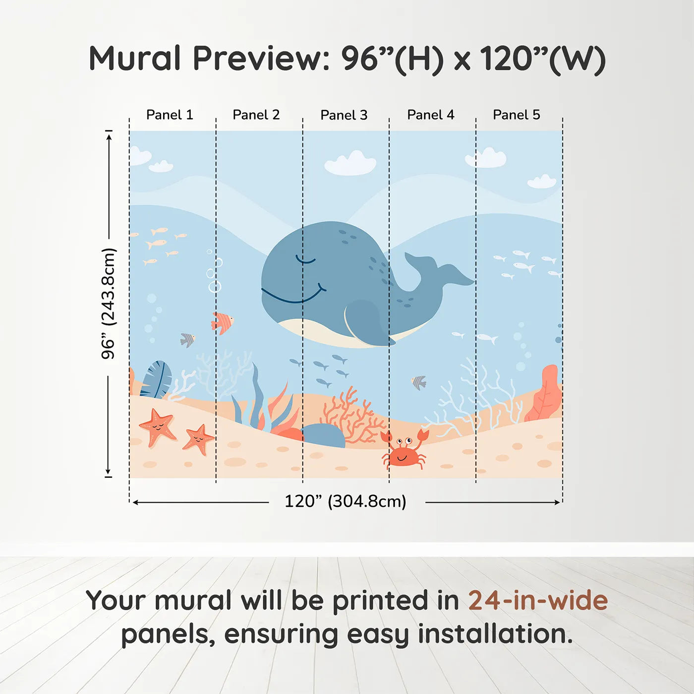 Whimsy Tots Happy Whale and Friends Wall Muraldimension view (96" H x 120" W). Printed in five 24-inch-wide panels. Gender-Neutral